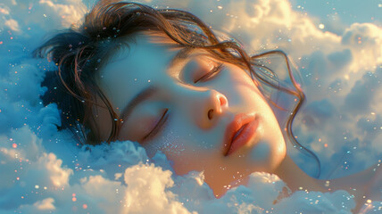 young asian woman sleeping on the clouds. colours light blue and white, generative ai