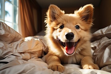 Happy dog ??plays with plush in cozy bed., generative IA - obrazy, fototapety, plakaty