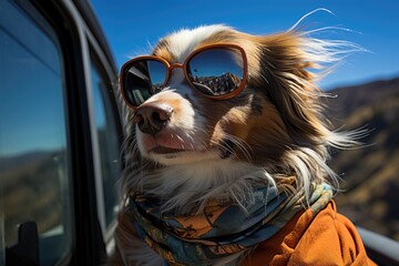 Cool dog with glasses and bandana riding by car., generative IA