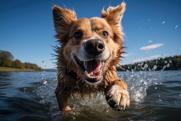 Dog jumping happily in a lake., generative IA - obrazy, fototapety, plakaty