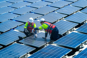 Engineers in safety gear inspect solar panels at a renewable energy farm, ensuring sustainable...