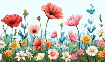 Colorful illustration of a lush summer meadow filled with a variety of blooming flowers and plants.