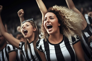 womens female soccer football group of fans crowd celebrating a triumph win or winning a league, cup or tournament in a stadium by cheering in joy punching the air elated in victory black white kit	