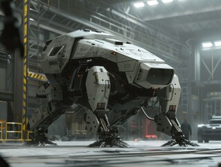 Futuristic bipedal tank in a military hangar with a moody industrial backdrop and lone figure observing