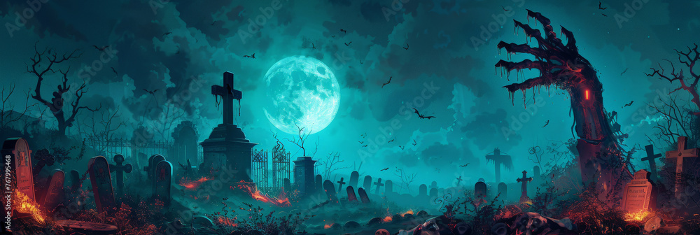 Wall mural halloween background, hand of the zombie coming out from ground on full moon night sky with fog and 