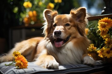 Lazy dog ??in the sun in sunny yard., generative IA