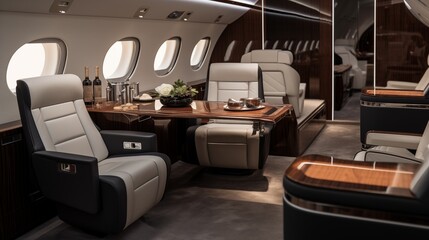 Luxe private jet interior with leather club chairs, work tables, and compact galley kitchen