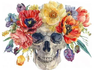Photo sur Plexiglas Crâne aquarelle A skull decorated with a crown of colorful spring flowers including tulips and peonies