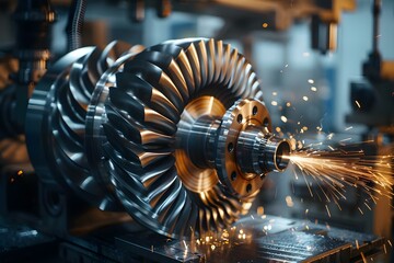 Metal machine tools industry: Processing steel turbine part in a CNC turning drill milling factory. Concept Metalworking, Industrial Machinery, CNC Technology, Steel Processing, Turbine Manufacturing