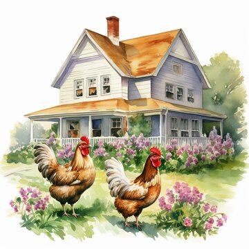 Farmhouse with a family of chickens in the yard, watercolor illustration clipart