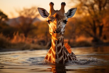 Majestic giraffe bowing to drink in Rio., generative IA