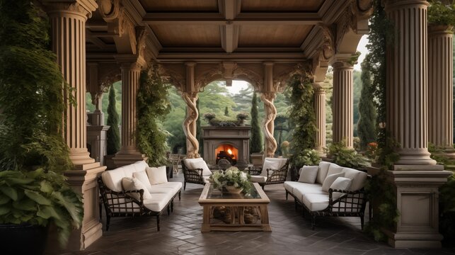 Luxury outdoor garden pavilion with carved stone columns, vaulted wood ceilings, crystal chandeliers and living greenery walls