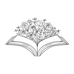 Flowers Growing Out of a Book, hand drawn flower with open book line art vector