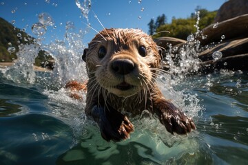 Navy otter diving and playing in the sea., generative IA - obrazy, fototapety, plakaty