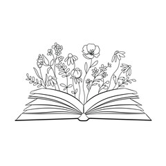 Flowers Growing Out of a Book, hand drawn flower with open book line art vector