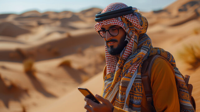 arabic man with a phone standing in desert wearing an arabian outfit, smiling,generative ai
