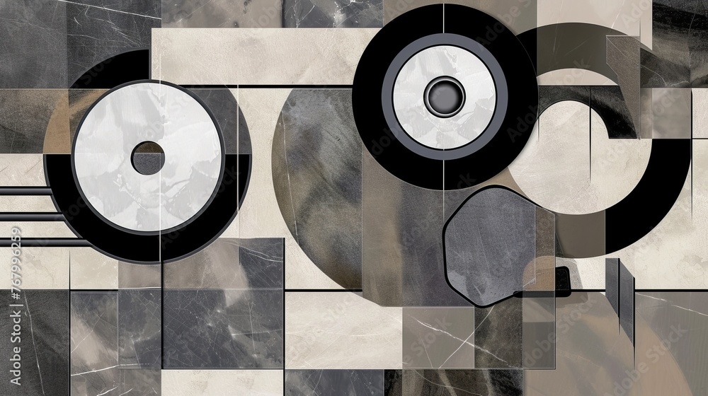 Poster an abstract geometric composition with overlapping circles and squares in muted marble and neutral t