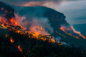 forest natural disaster. wild fire on mountains by night. flames, fume and ashes. devastated vegetation.