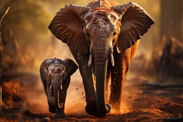 Elephant baby stumbling behind mother in the savannah., generative IA - obrazy, fototapety, plakaty
