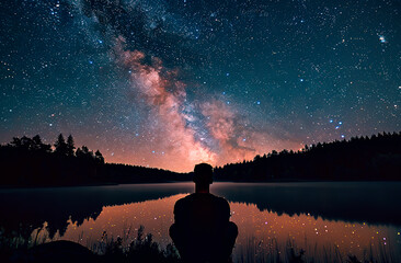 man looking at the milky way sky on sunset over the lake