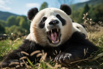 Panda Alegre rolling in the grass of the zoo., generative IA