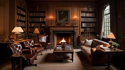 Masculine wood-paneled study with fireplace, wingback chairs, and glass-fronted bookcases