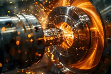 Steel turbine part being processed in a CNC turning drill milling factory Metal machine tools industry. Concept Metal Machining, CNC Turning, Steel Turbine Part, Manufacturing Process