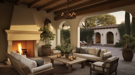 Mediterranean outdoor living room with loggia, stucco fireplace, and rustic wood beams - obrazy, fototapety, plakaty