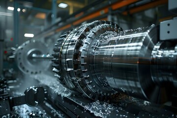 Metal machine tools industry: CNC processing of steel turbine parts in a turning drill milling factory. Concept Metalworking, CNC Processing, Steel Turbine Parts, Turning Drill Milling Factory