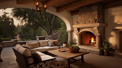 Mediterranean outdoor living room with arched loggia, stucco fireplace, and rustic beams - obrazy, fototapety, plakaty