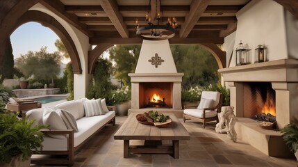 Mediterranean outdoor living room with loggia, stucco fireplace, and rustic wood beams - obrazy, fototapety, plakaty