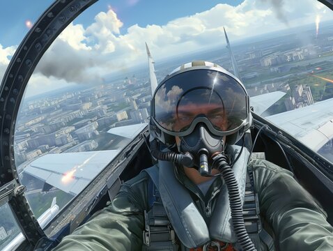 A fighter pilot with helmet and mask inside the cockpit over urban landscape.