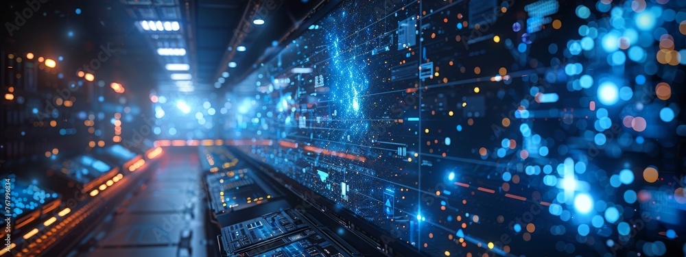 Poster ai-driven cybersecurity in space station command centers, starry backdrop.