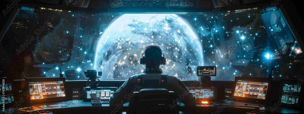 Aufkleber ai-driven cybersecurity in space station command centers, starry backdrop.