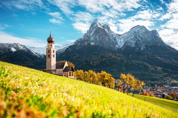 Foto op Plexiglas St. Valentin Kastelruth Village Church at the autumn Dolomite Alps © ali