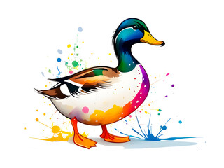 Obraz premium The painting of colorful ducks, domestic ducks, and wild ducks on a splashing white background