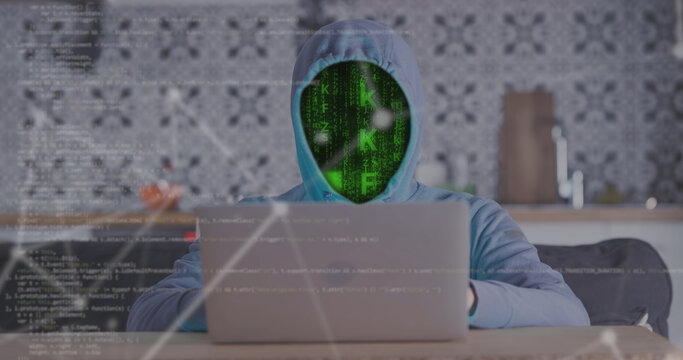 Hacker in hood, code face, working in room laptop typing digital virtus script. anonymous man without face hacking system