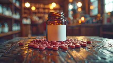 Dynamic hospital scene: Jar with blank label surrounded by pills,generative ai - obrazy, fototapety, plakaty