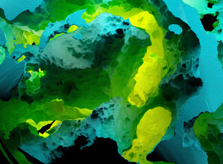 Fototapeta na wymiar 3d render abstract art with part of surreal damaged broken sphere ball asteroid stone object in metalic iron material in emerald green blue with fluorescent yellow color core on black background