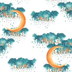 Half moon and clouds seamless pattern. Cute background. - 767997051