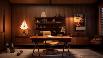 Obraz premium Midcentury modern home office with peg wall storage, iconic vintage furniture, and sleek lighting