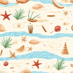 Beach and Coastal Embroidery, Beachy and coastal-themed designs, 2D illustration seamless pattern