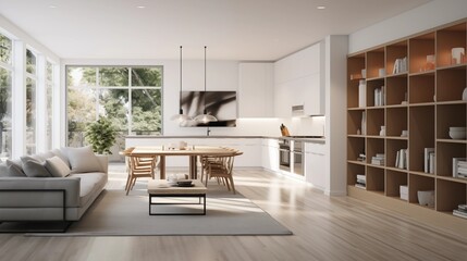 Fototapeta na wymiar Modern open-concept living space with a seamless flow between the kitchen