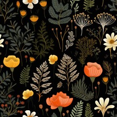 Botanical Embroidery, Detailed botanical illustrations for nature lovers, 2D illustration seamless pattern - obrazy, fototapety, plakaty