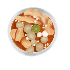 illustration of meatballs including meatball tofu topping, cuanki tongue, pilus cikur, lime