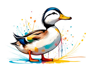 Naklejka premium The painting of colorful ducks, domestic ducks, and wild ducks on a splashing white background