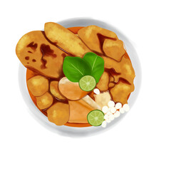 illustration of aci meatballs topping with tofu meatballs, cuanki tongue, pilus cikur, lime and lime leaves