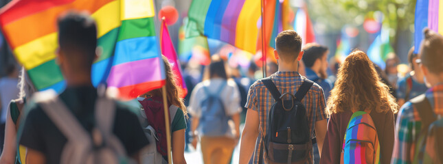 Pride Parade Participants Walking with Rainbow Flags

