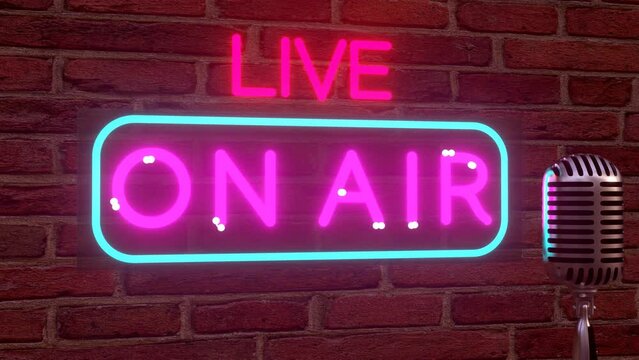 The neon sign board LIVE ON AIR magenta colored 3d text motion graphic with light blue illuminated rounded rectangle line and hard surface vintage microphone seamless loop animation on the brick wall.