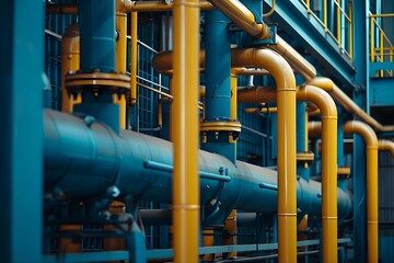 Petrochemical Pipeline System with Steel Pipes and Equipment in an Industrial Factory. Concept Industrial Workshop, Steel Pipes, Factory Equipment, Petrochemical System, Pipeline Machinery - obrazy, fototapety, plakaty